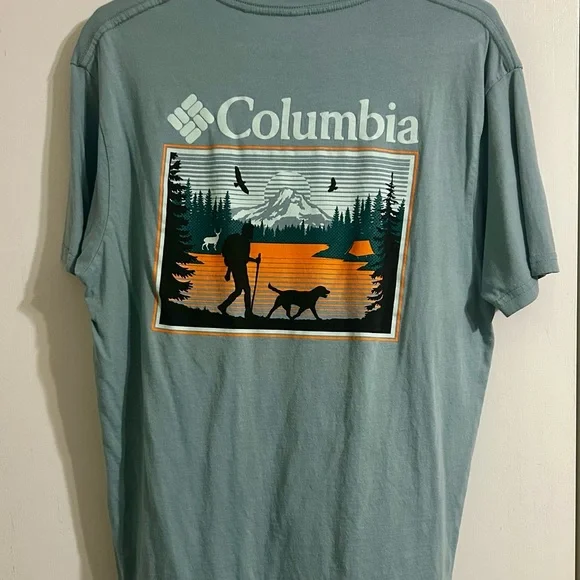 Columbia Men’s Large Slate Blue Hiker & Dog Graphic T-Shirt - Picture 1 of 2